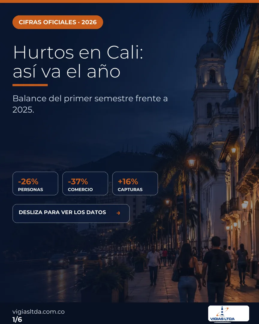 Infografía con estadísticas oficiales sobre hurtos en Cali durante el primer semestre de 2026