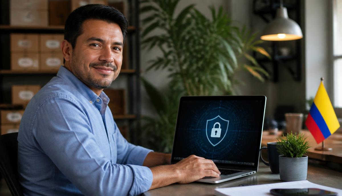 Empresario colombiano protegiendo su negocio con controles de ciberseguridad
