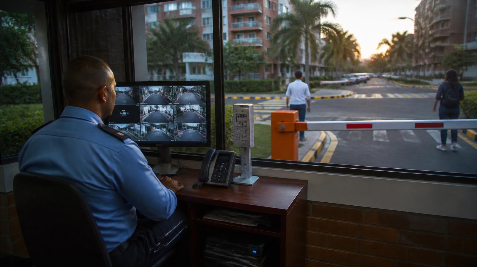 Guarda de seguridad privada en portería de conjunto residencial de Cali monitoreando cámaras CCTV