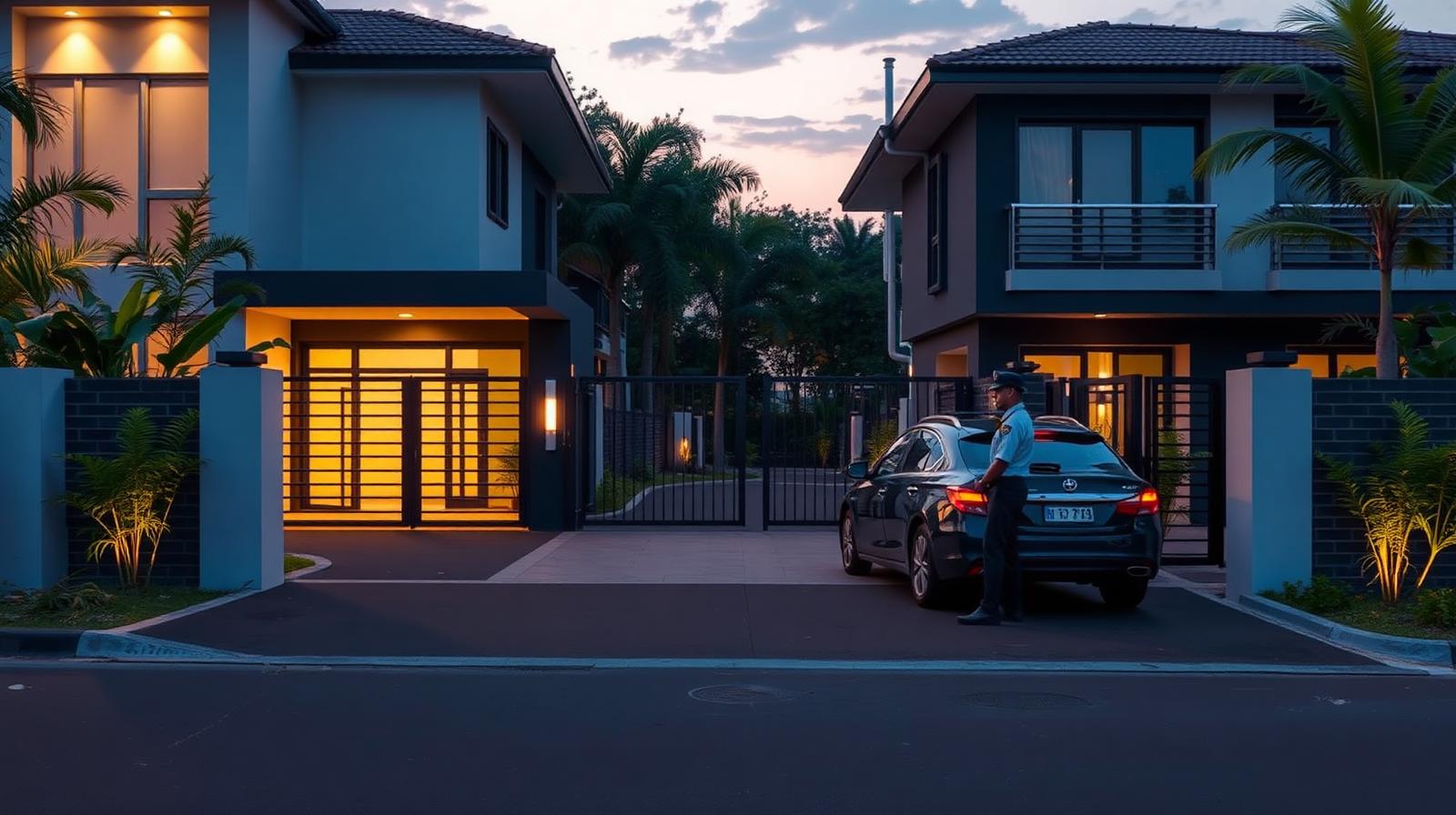 Foto editorial de portería de conjunto residencial en Cali con guarda revisando vehículo al atardecer