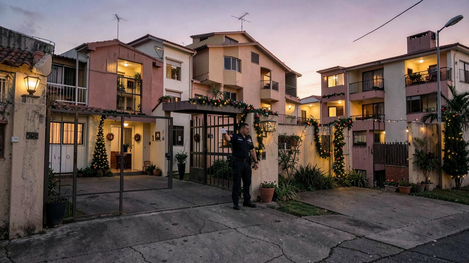 Porteria de conjunto residencial en Cali con guarda de seguridad afeitado y decoracion navidena