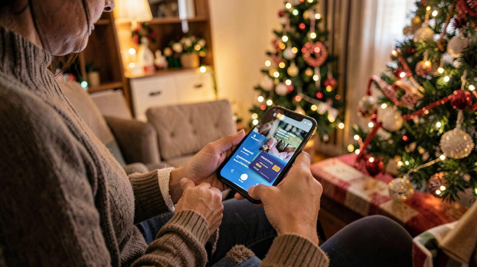 Persona en Colombia comprando en linea con celular junto a un arbol de navidad