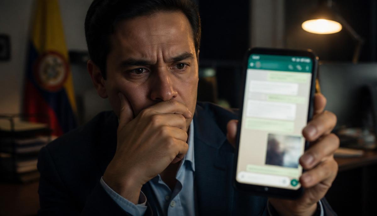Ejecutivo colombiano revisando un mensaje sospechoso en WhatsApp en su oficina