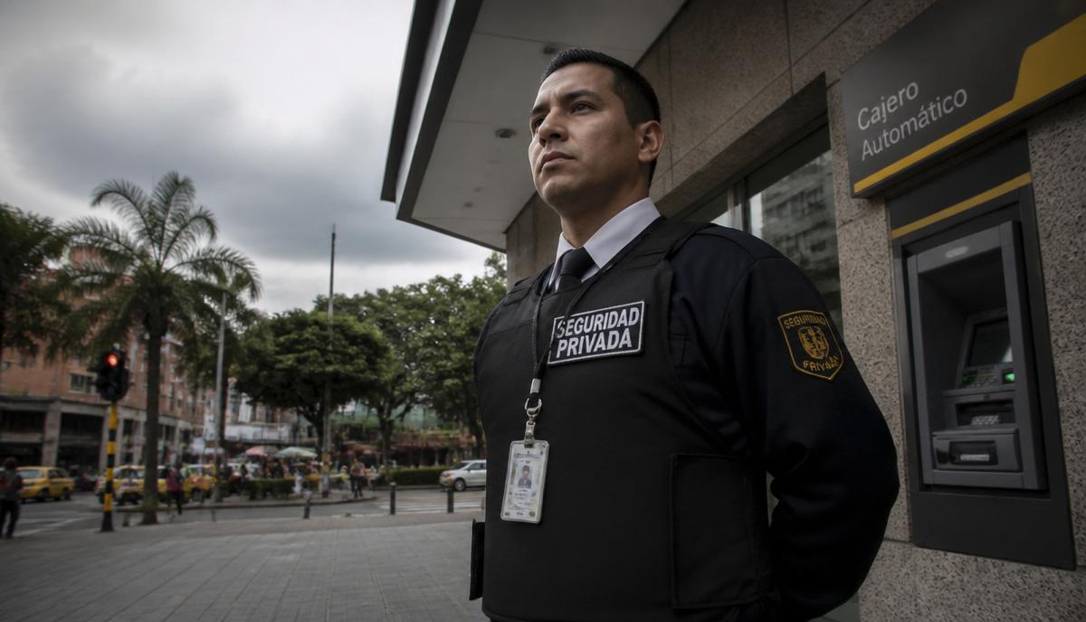 Guarda de VIGIAS LTDA vigilando una sucursal bancaria en Cali para prevenir el fleteo