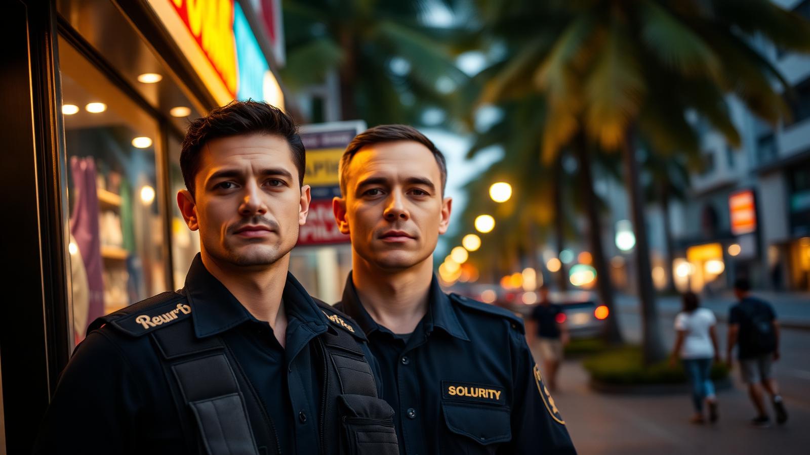 Guarda de seguridad privada vigilando un comercio en una calle de Cali al atardecer