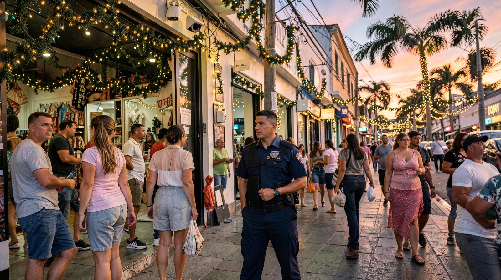 Guarda de seguridad privada afeitado vigilando comercio decorado con luces navidenas en Cali