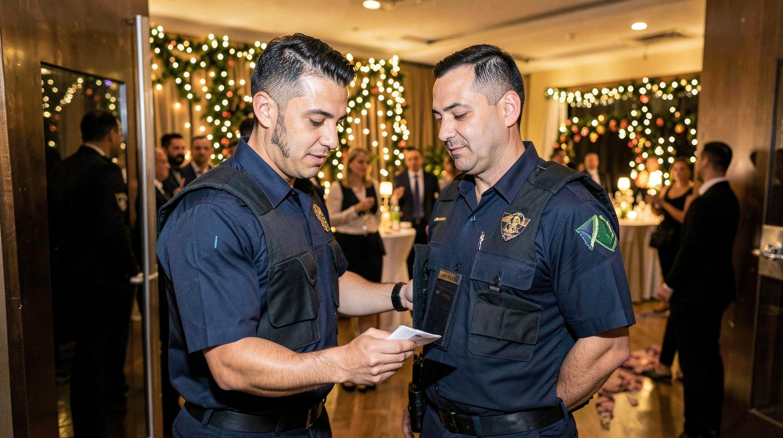 Guardas de seguridad privada afeitados controlando el acceso a una fiesta empresarial de fin de ano en Cali