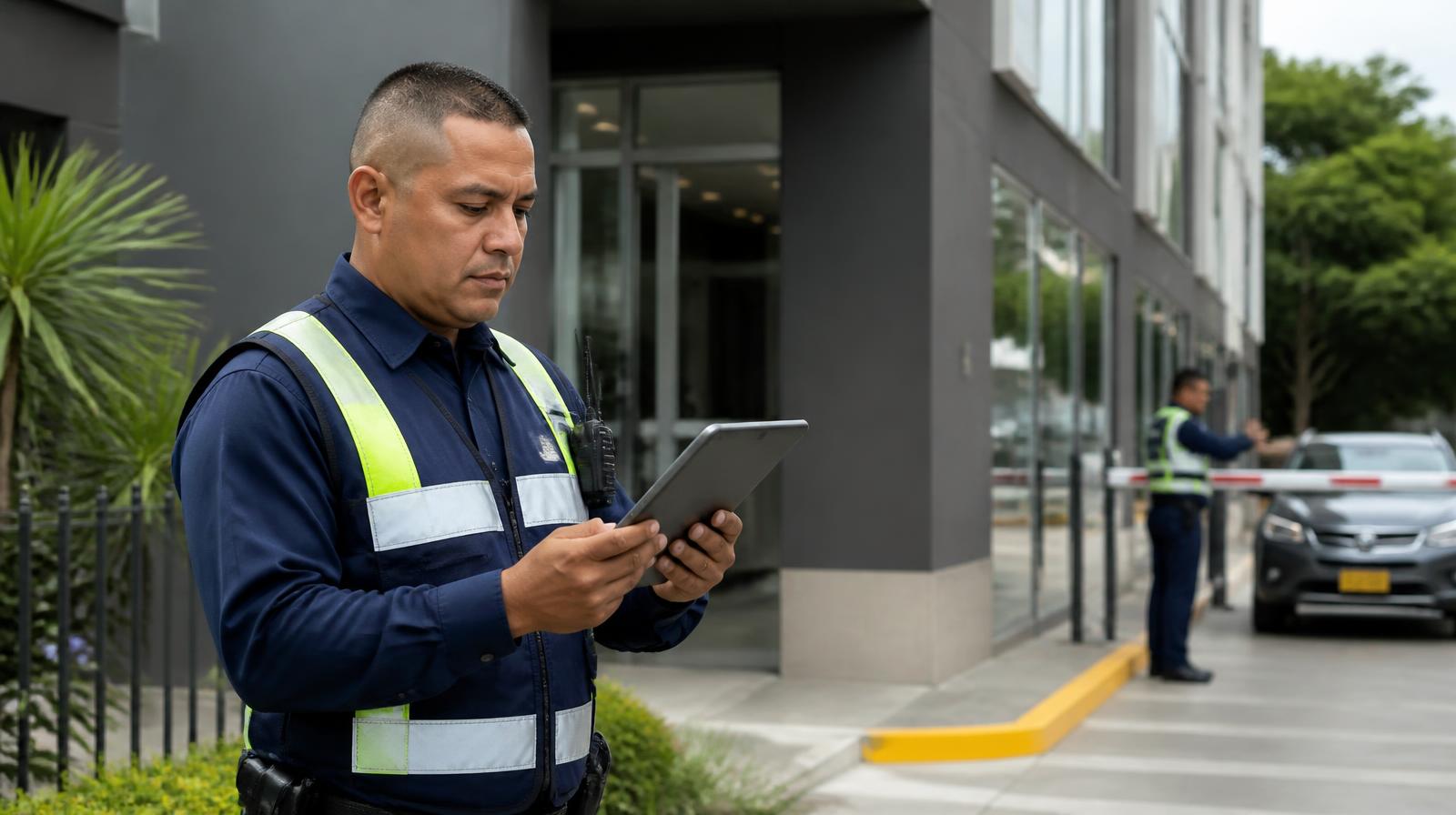 Guarda de seguridad privada colombiano revisando un plan de contingencia en tablet frente a una empresa en Cali