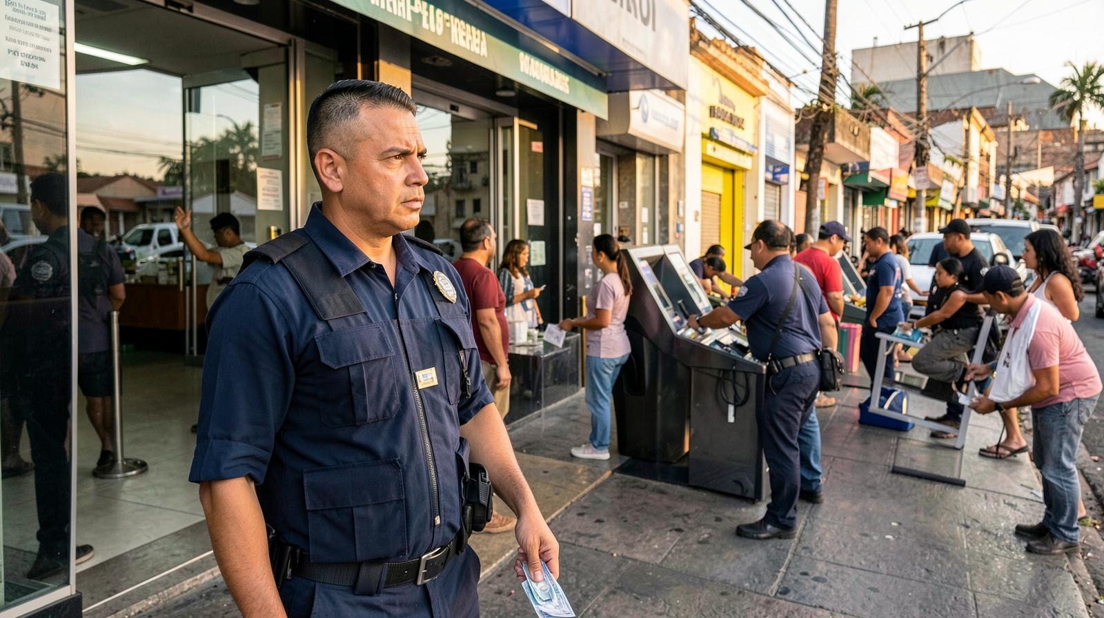 Guarda de seguridad privada colombiano afeitado vigilando cajeros automaticos en Cali durante temporada de primas