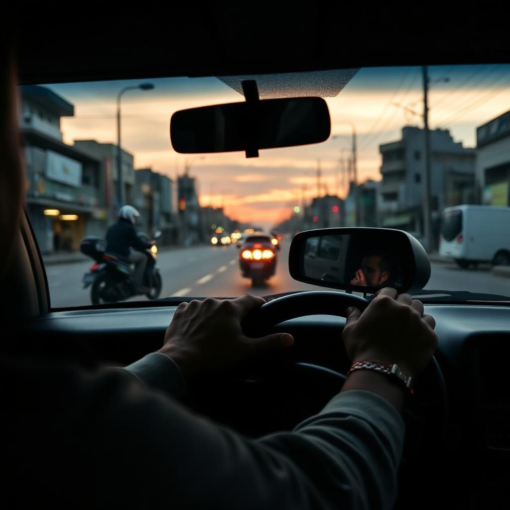 Vista desde el interior de un vehículo en Cali al atardecer con conductor observando por el espejo retrovisor una motocicleta cercana