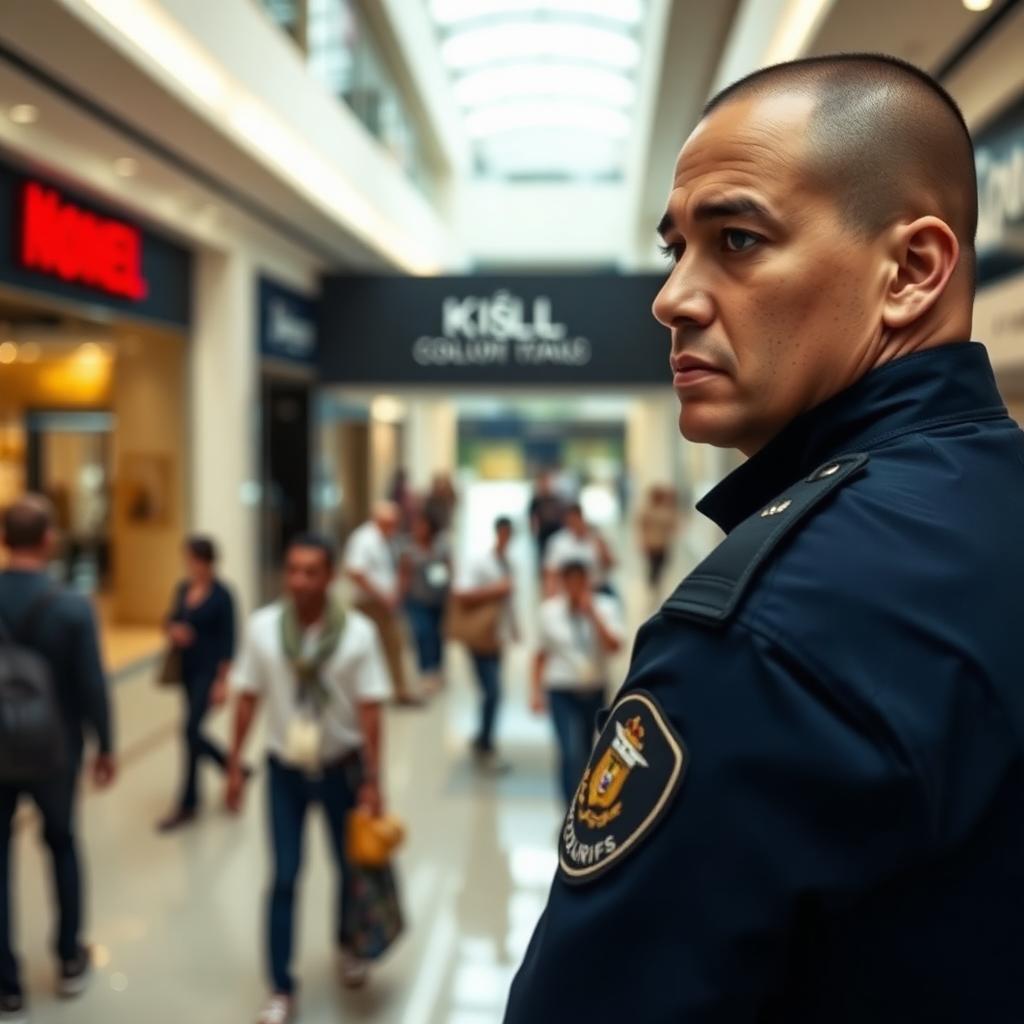 Guarda de seguridad afeitado con uniforme azul marino vigilando en el interior de un centro comercial en Cali