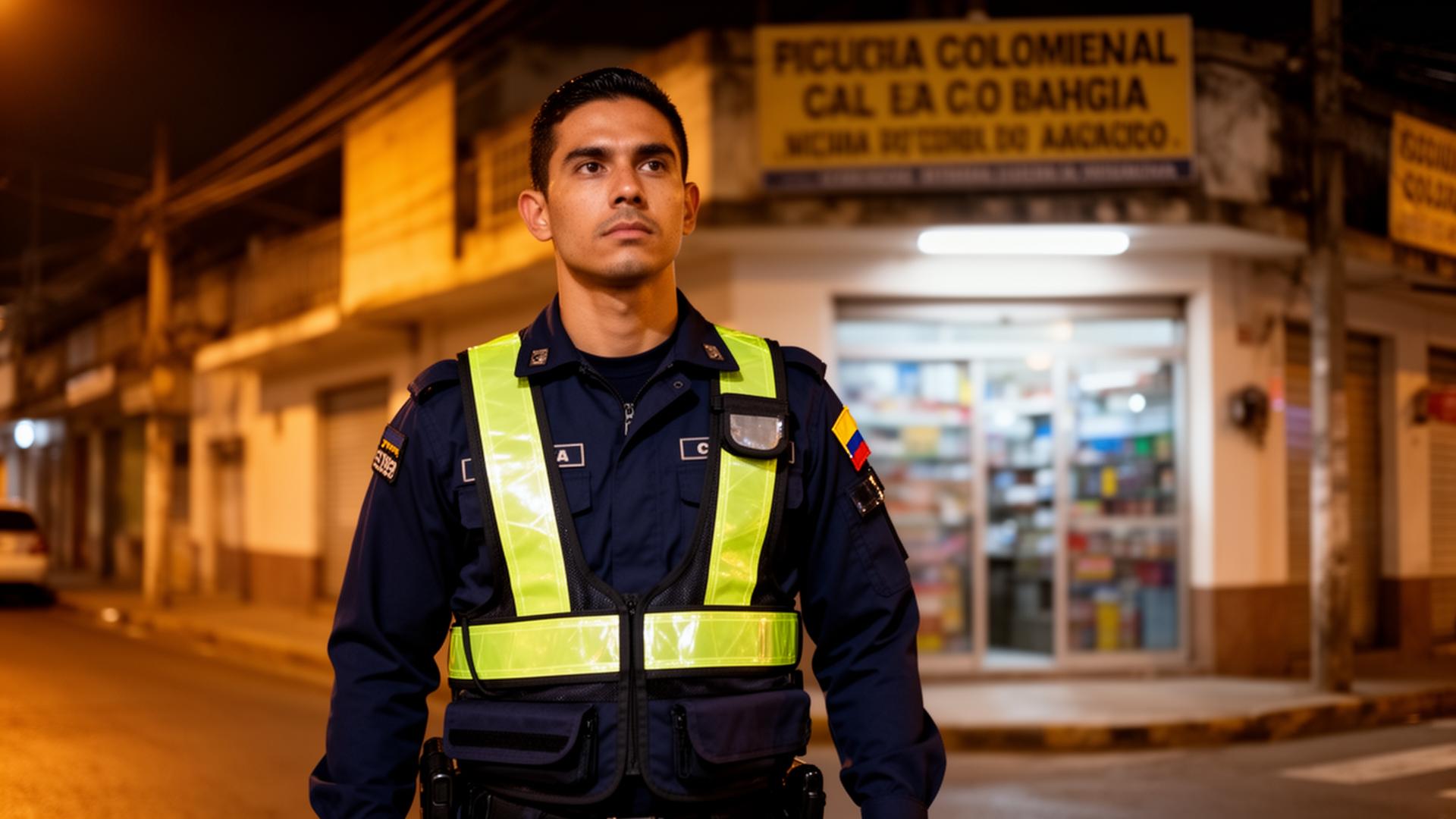 Comercio moderno en Cali con guarda de seguridad uniformado al atardecer