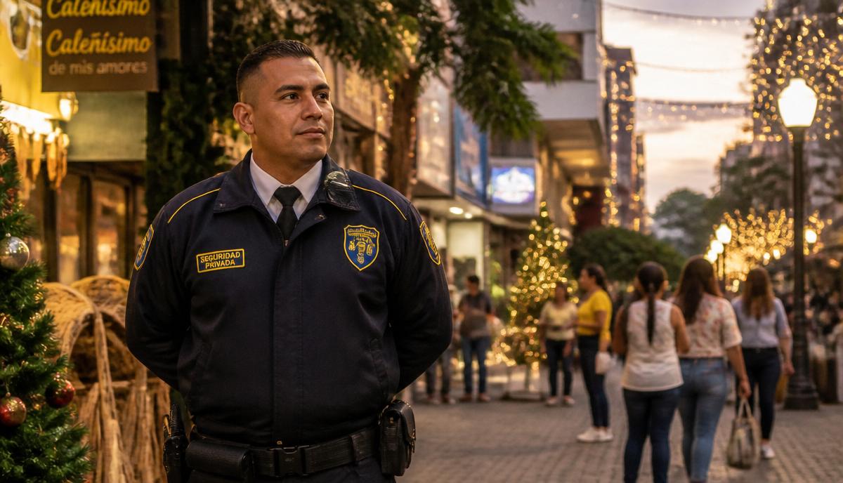 Guarda de VIGIAS LTDA patrullando una calle comercial decorada en Cali durante diciembre
