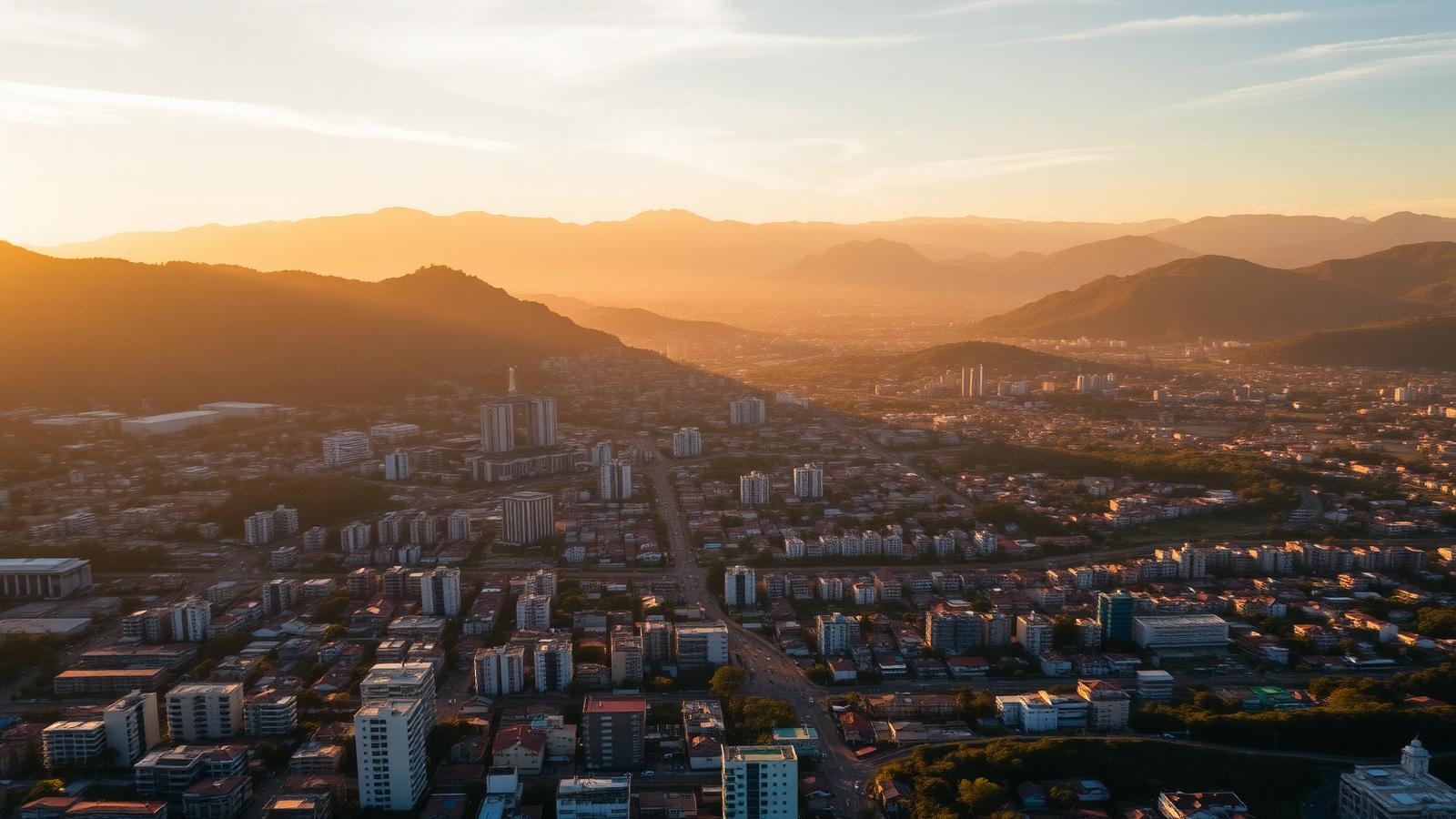 Vista aérea de Cali al atardecer mostrando el valle y las montañas occidentales